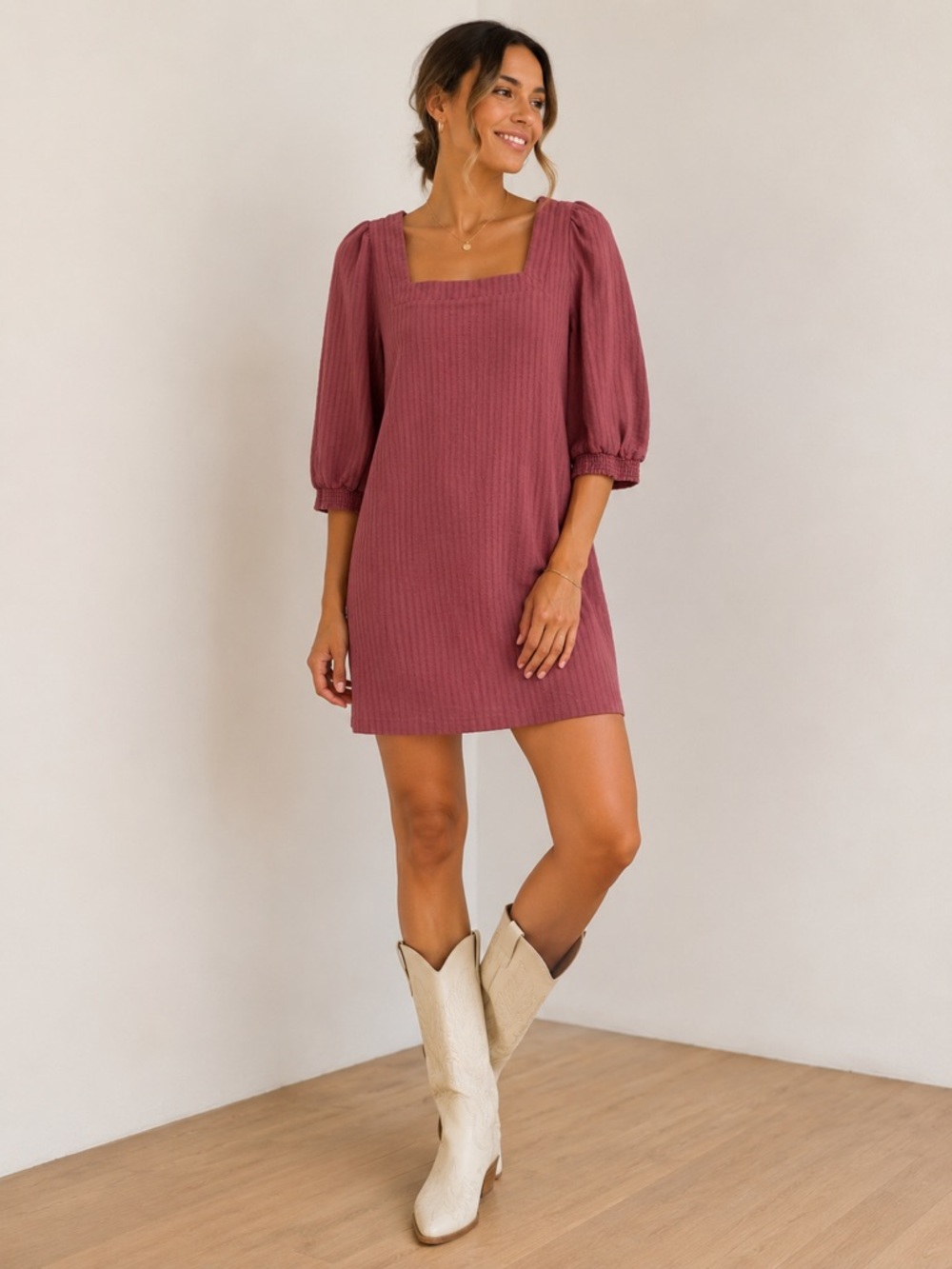 BB Dakota Steve Madden Pink Textured Shift Dress Puff Sleeve Square Neck - M